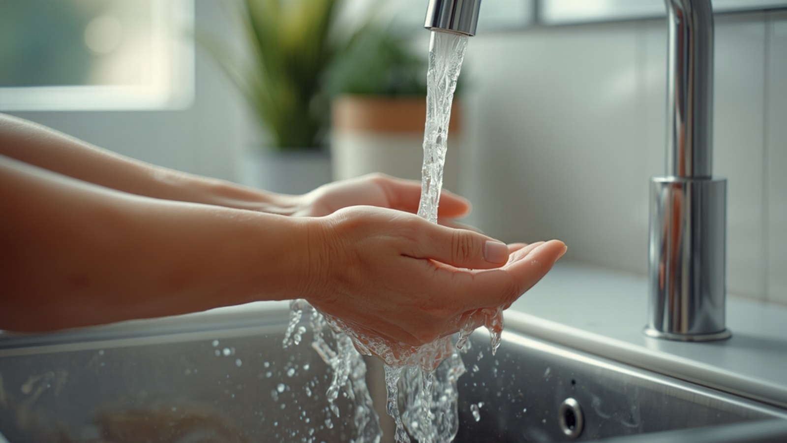 Hands rinsing under a running kitchen tap