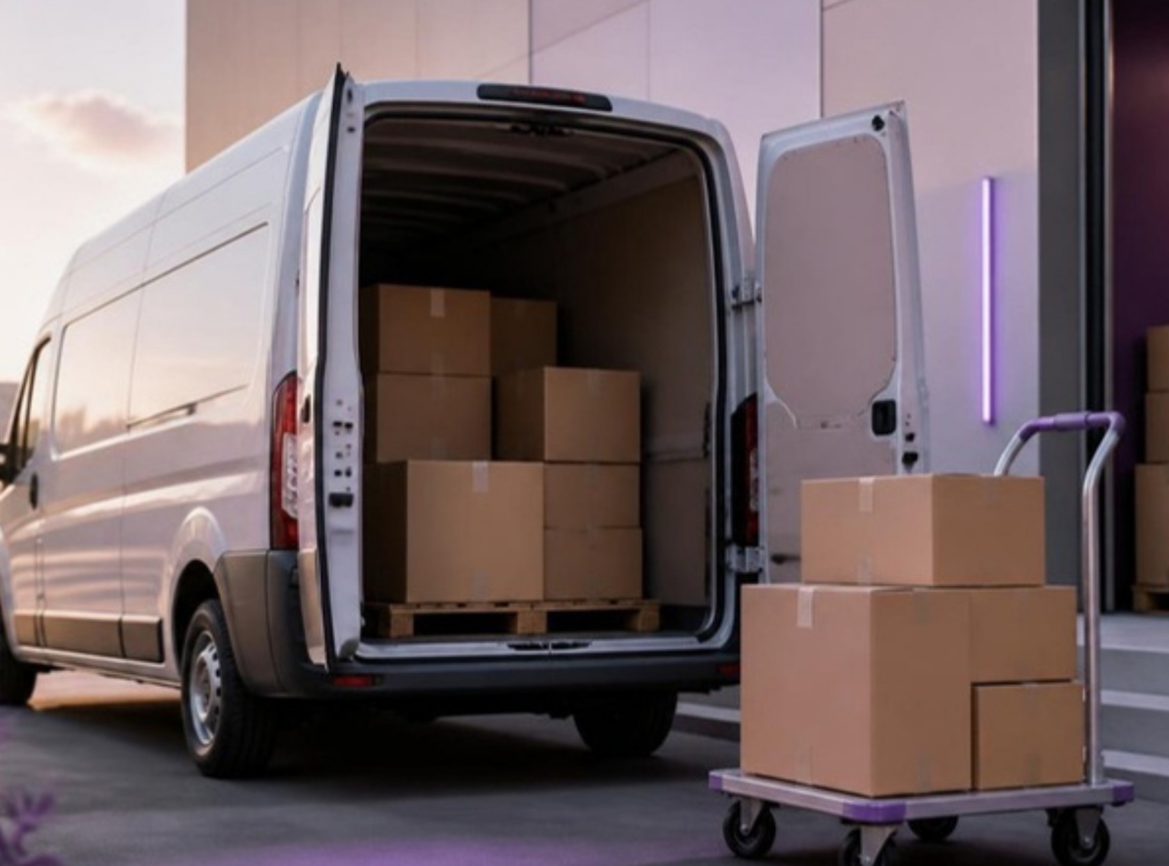 Delivery van loaded with parcels at a loading dock