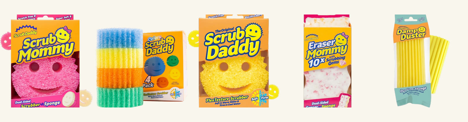 Scrub Daddy product range: Scrub Mommy, Colors, Original Scrub Daddy, Eraser Mommy and Damp Duster